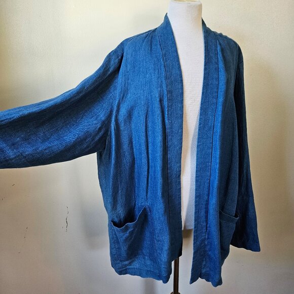J. Jill Pure Indigo Dyed Blue Linen Cardigan Kimono Open Front Jacket 4X Plus - Picture 2 of 6
